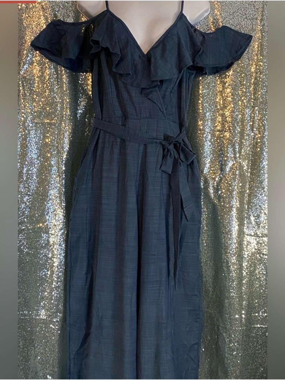 Off-Shoulder Ruffle Maxi Dress in Navy Blue